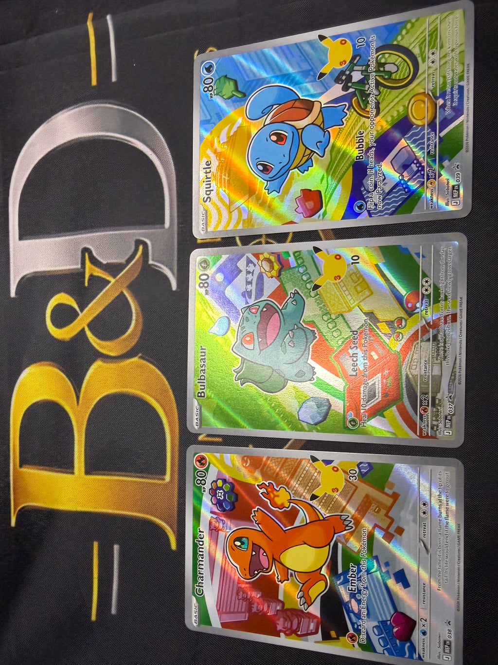 Kanto Starters Pikachu Adventure Promo Set — Charmander 038, Bulbasaur 037, Squirtle 039 — Holo Full Art Pokémon TCG Cards